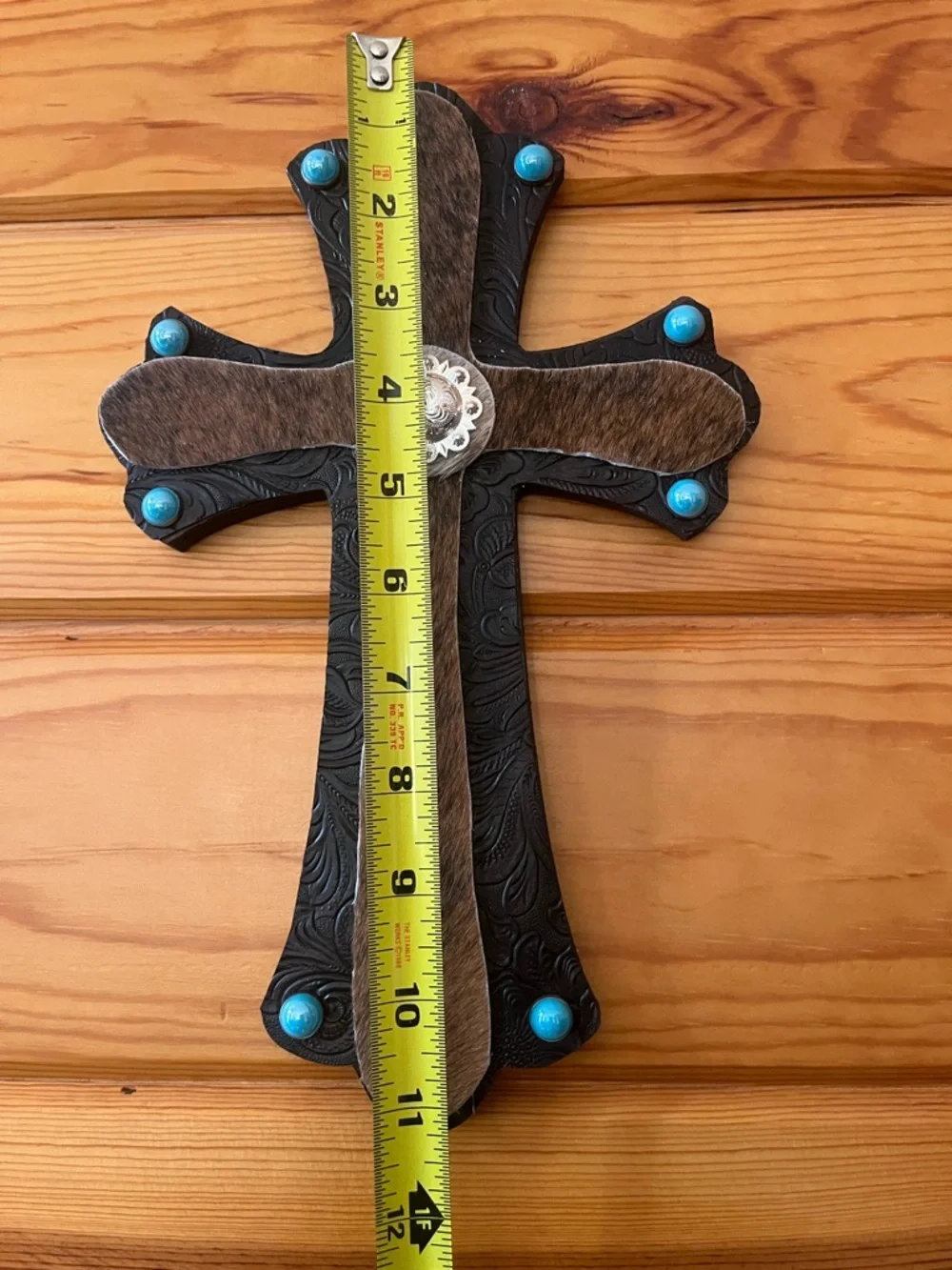 Decorative Leather & Hair-on Hide Cross with Turquoise Accents